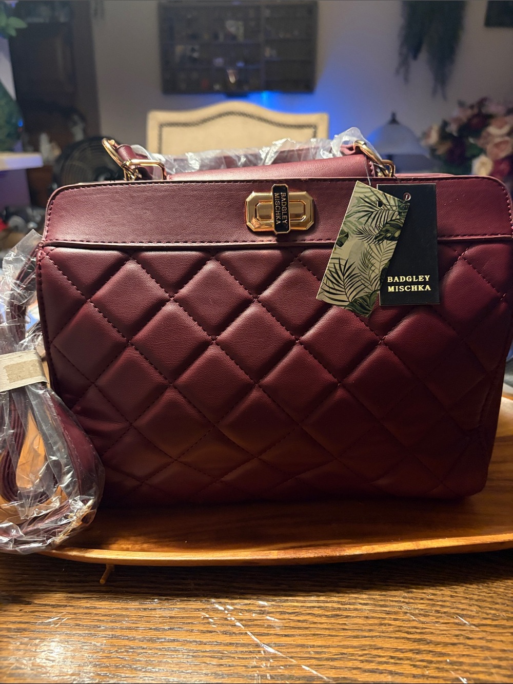 Badgley Mischka Quilted Satchel - Burgundy with Gold Hardware